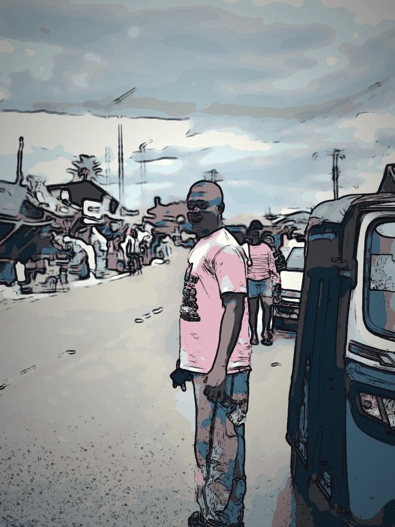 Oluwayemi on a street in Nigeria, drawn as a cel-shaded scene